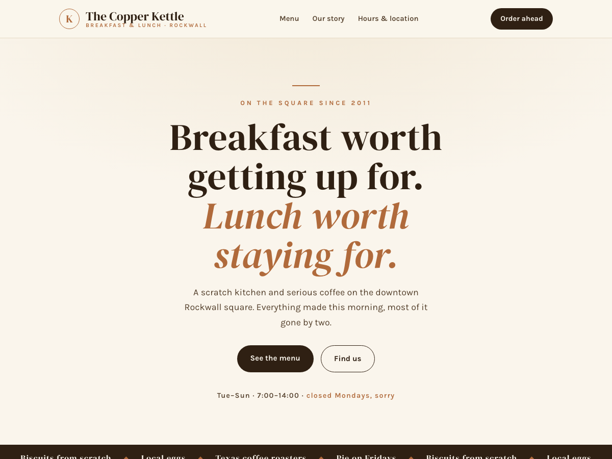 The Copper Kettle website — warm café and restaurant design