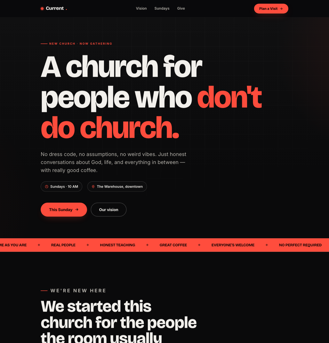 Current Church website — bold church-plant design