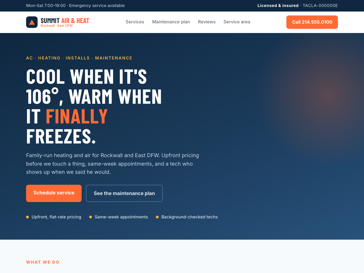 Summit Air & Heat website — bold HVAC trades design